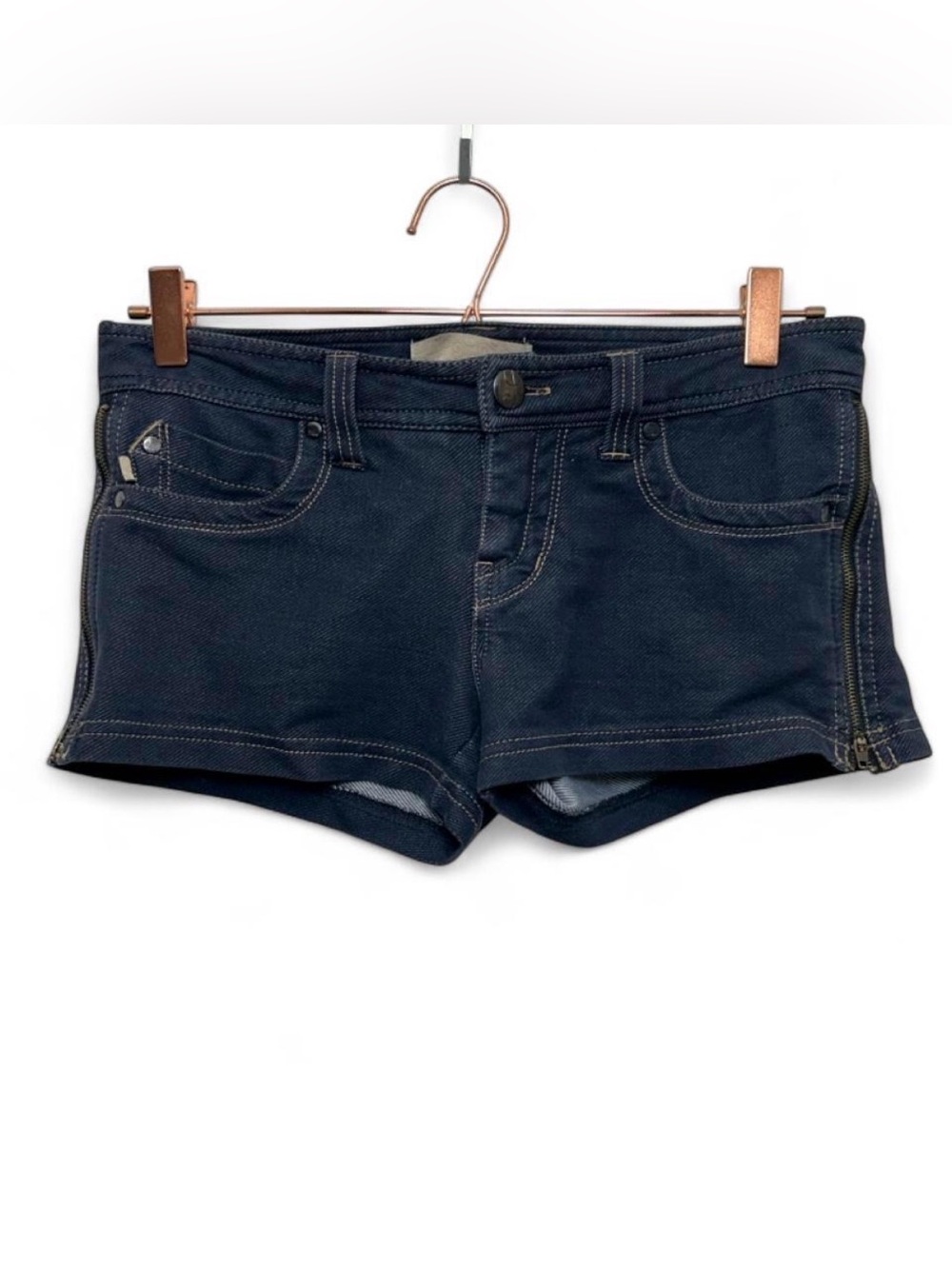 Y2K Jalate Denim Micro Shorts Size 7 Low Rise Side Zip Dark Wash Stretch